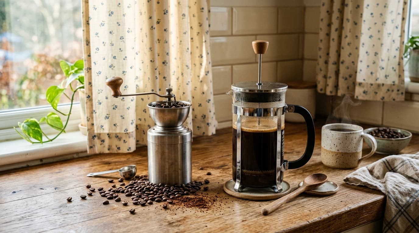 Compact entry-level coffee setup with manual hand grinder, plastic V60 dripper, and kitchen scale